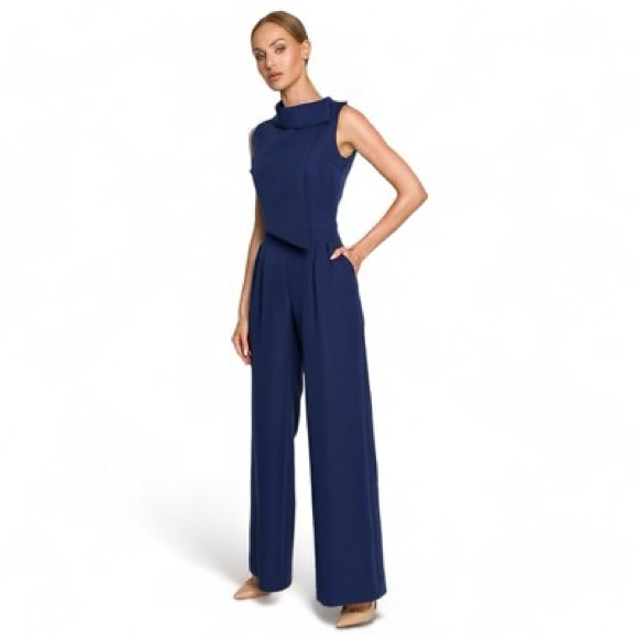 NWT PRETTYGARDEN Elegant Navy Sleeveless Long Jumpsuit, Ribbed Knit, Mock Neck - Picture 13 of 15